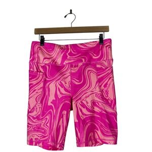 Bebe Sport Marble Swirl Biker Shorts Pink High Rise Athletic Pockets Size L
